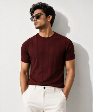 Men's Burgundy Ribbed Knit T-Shirt