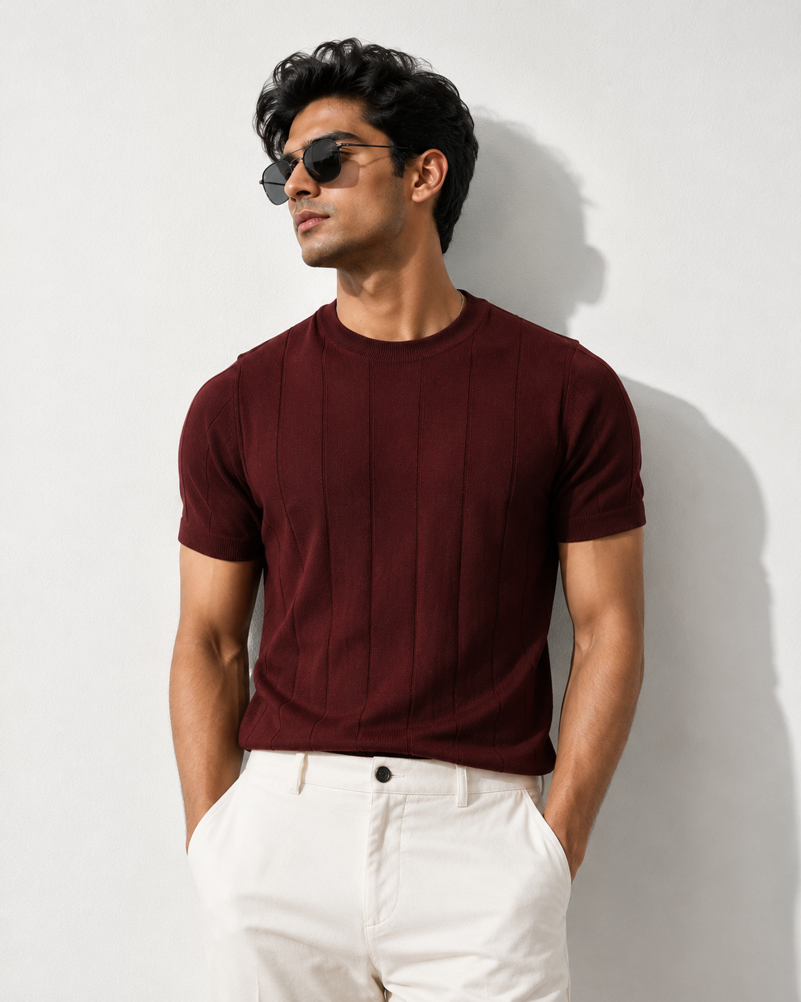 Men's Burgundy Ribbed Knit T-Shirt