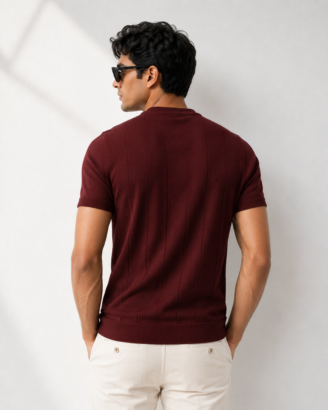 Men's Burgundy Ribbed Knit T-Shirt
